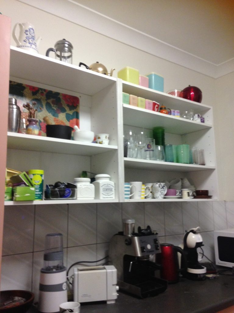 Old Bunnings flatpack = loving the open shelving to display all our kitschy things...